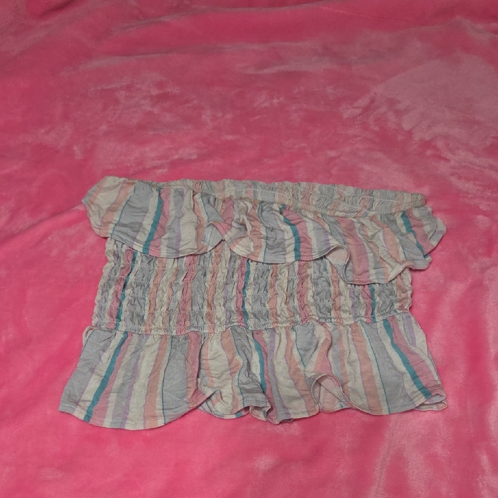 Striped Off-Shoulder Ruffle Crop Top.